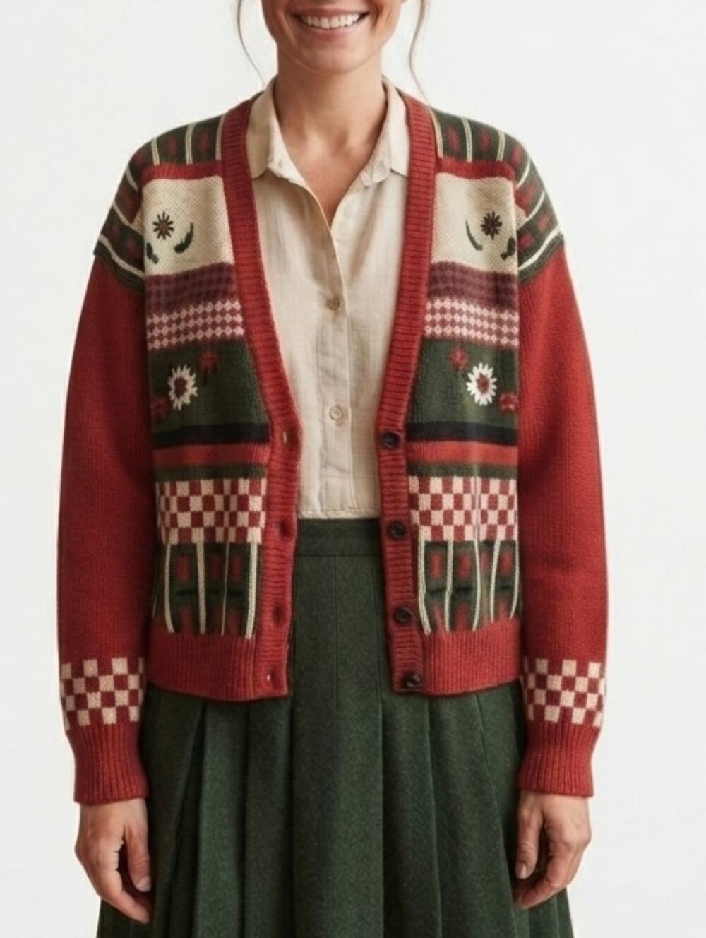 90s Koret Chunky Knit Button Down Cardigan Sweater Red White Green XL